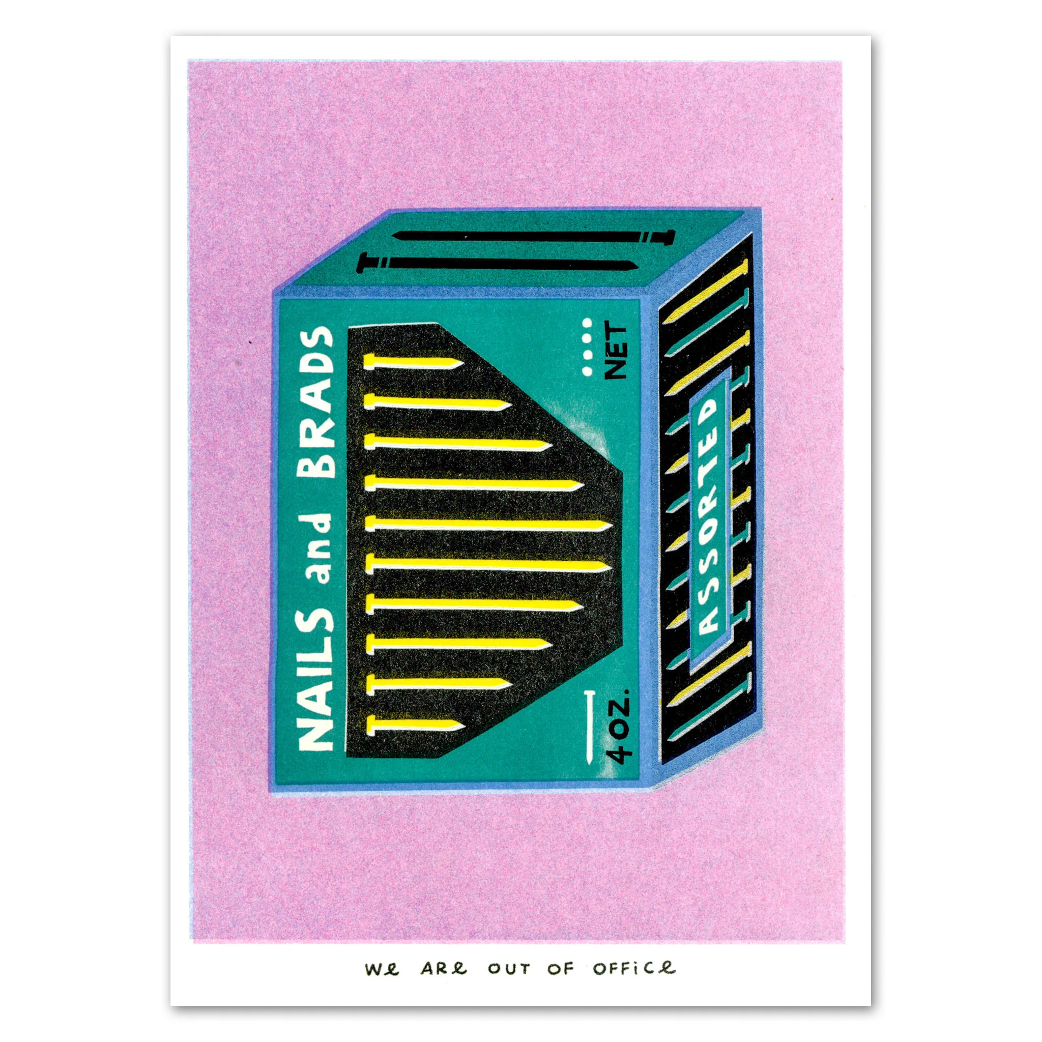 A Risograph Print of A Package with Nails and Brads
