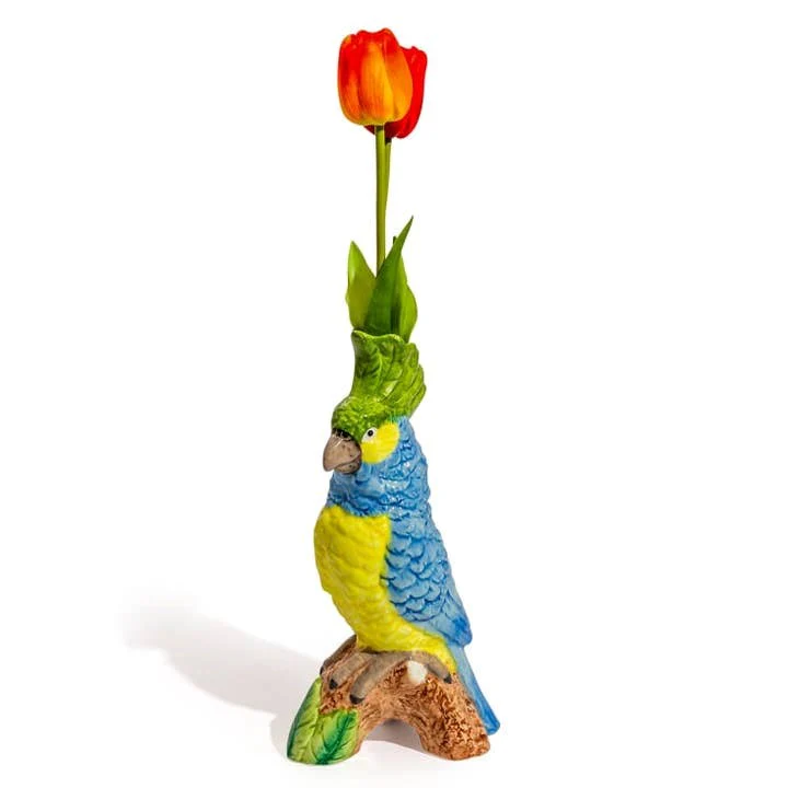 Blue & Yellow Parrot On Perch Ceramic Vase - Image 2