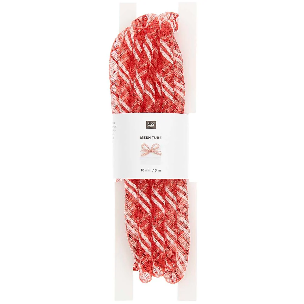 Craft Ribbon Mesh Tube Red / White Metallic 10mm x 3m