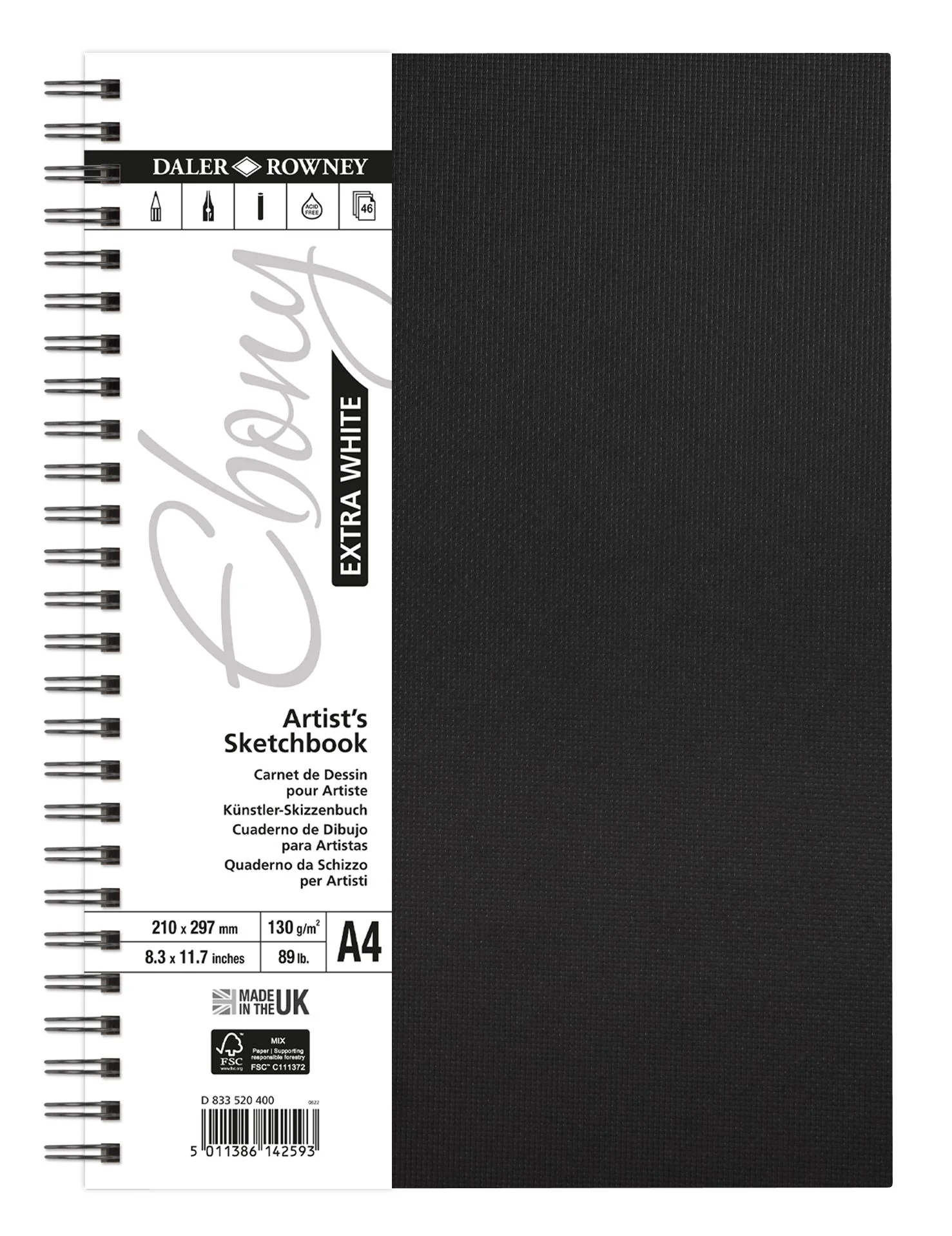 Ebony Extra White Spiral Artist's Sketchbook Portrait A4 46 sheets