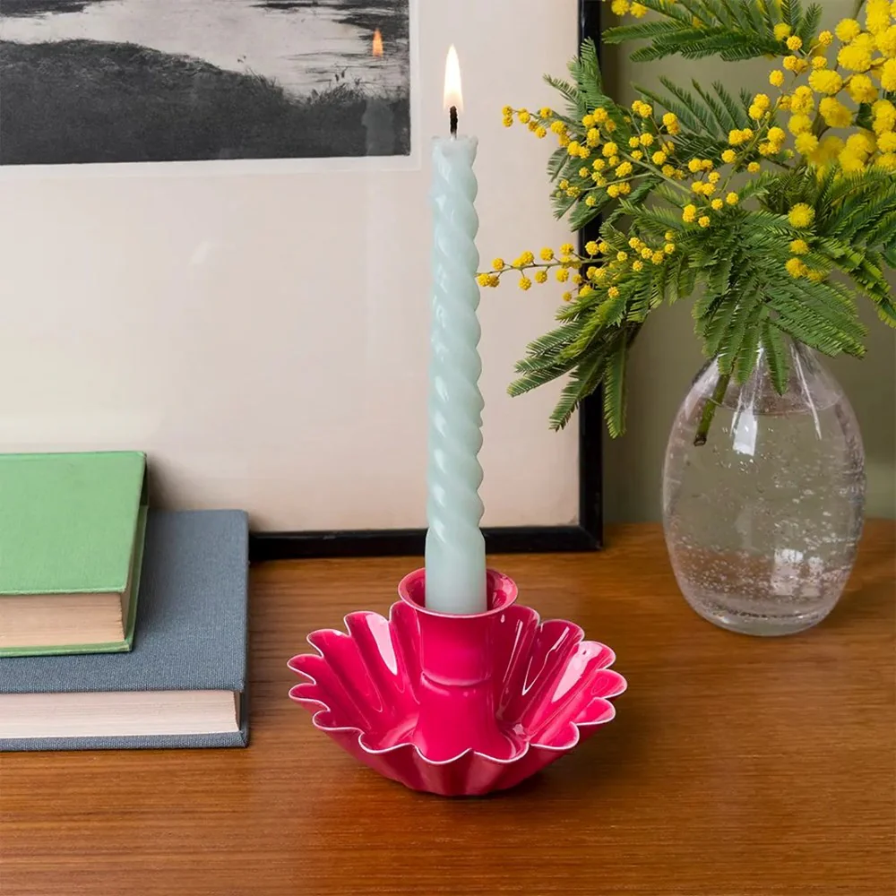 Enamel Cupped Flower Candle Holder - Vibrant Pink - Image 2