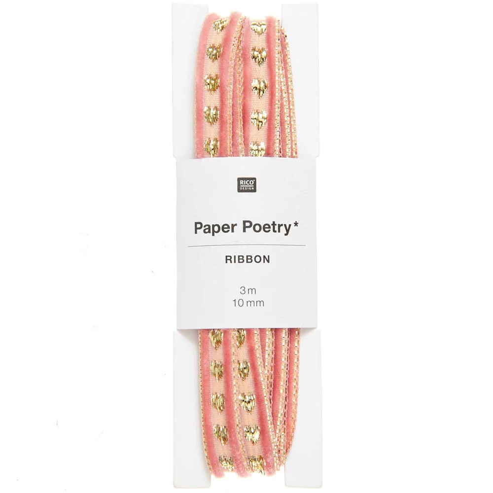 Paper Poetry Velvet Glitter Ribbon Hearts Pink / Gold