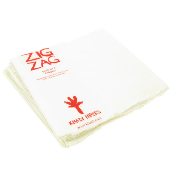 Handmade Recycled Paper. Zigzag sheets 15cm x 15cm, 210gsm, pack of five.