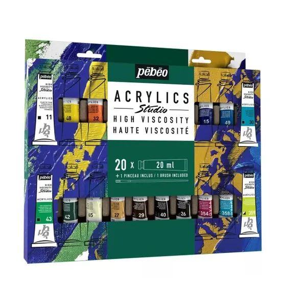 Pebeo Studio Acrylic Sets - 20 X 20ml Set + Brush