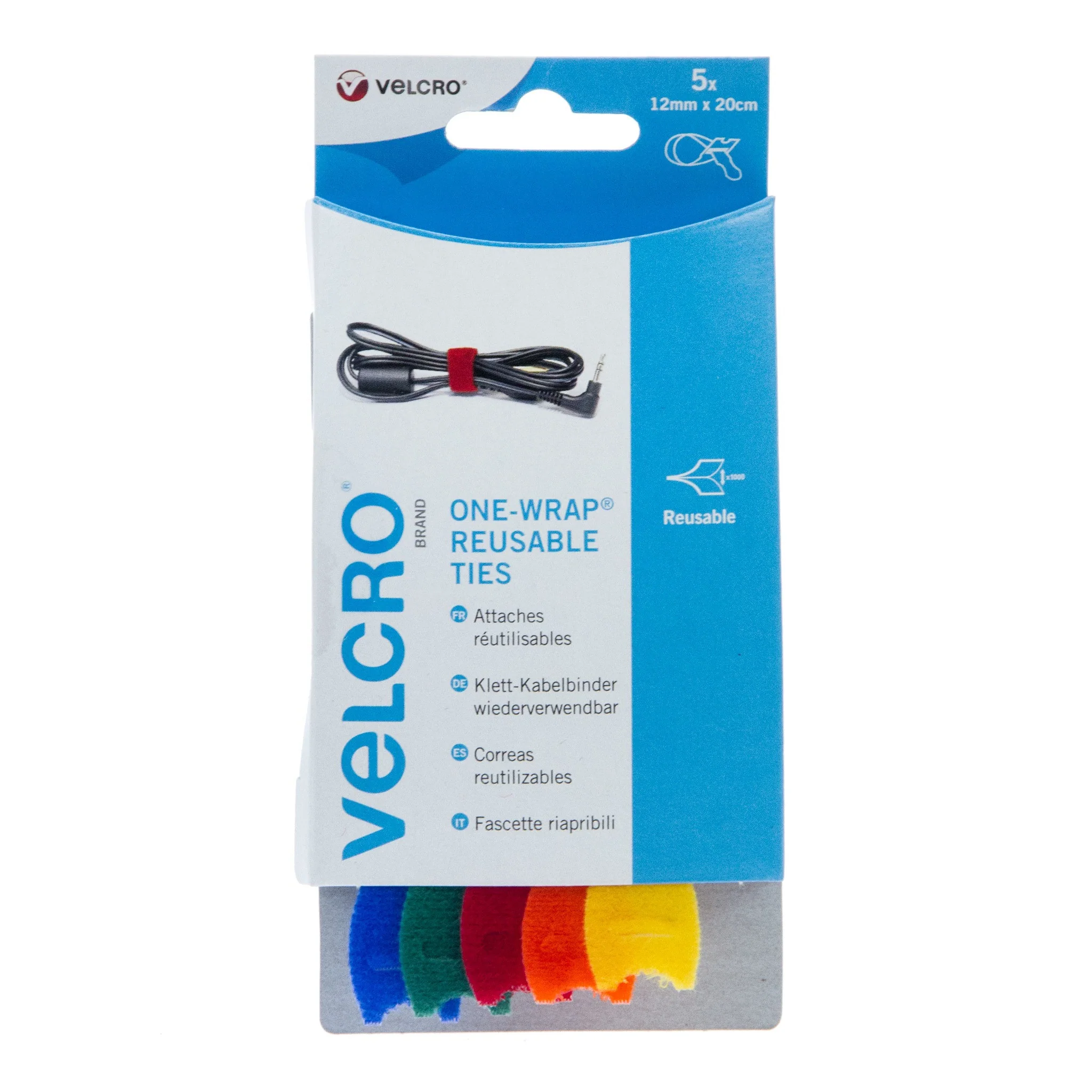 VELCRO Brand Cable Manager Ties Back to Back Hook & Loop 12mm x 20cm x 5 Multi