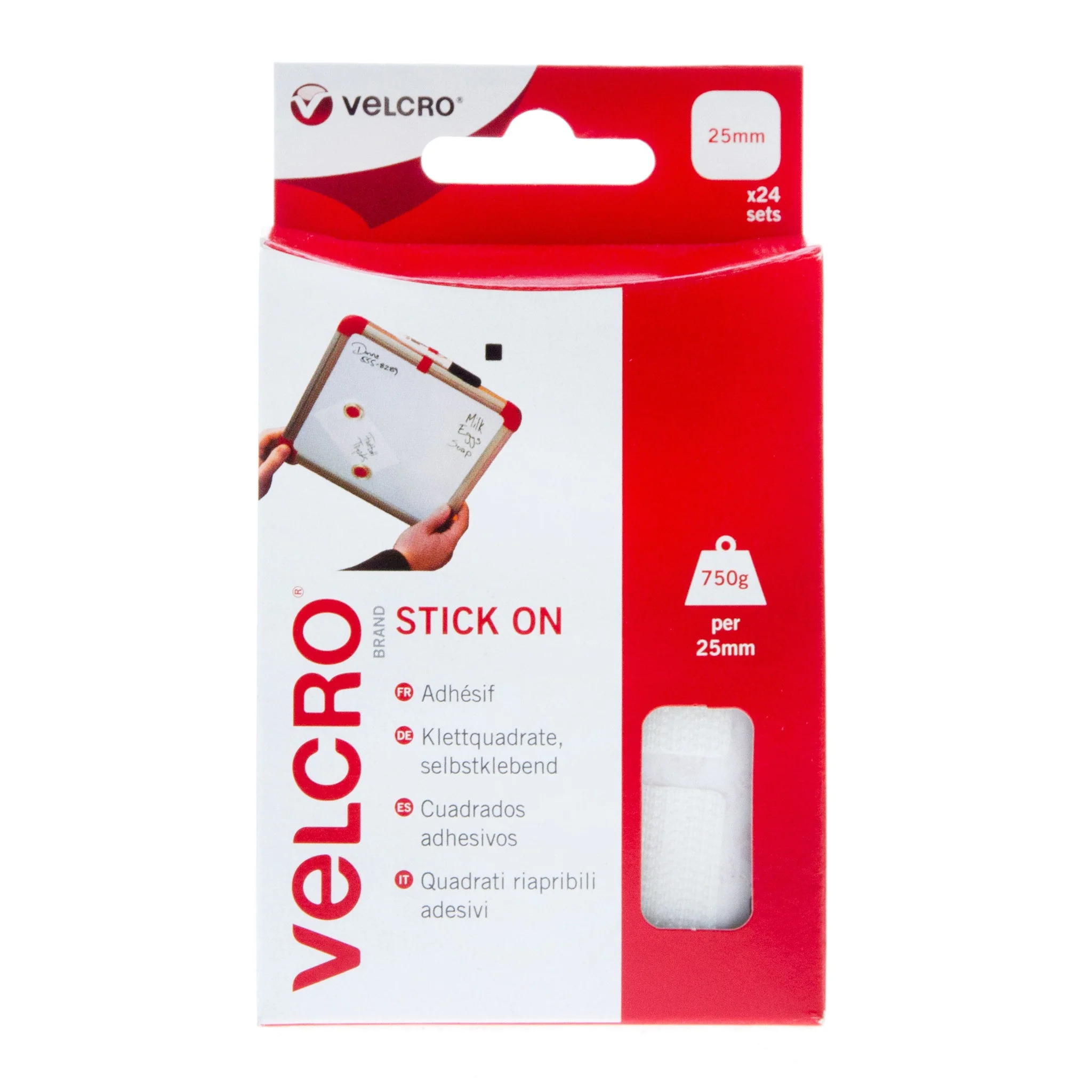 VELCRO Brand Stick On Squares Hook & Loop 25mm x 24 Sets White